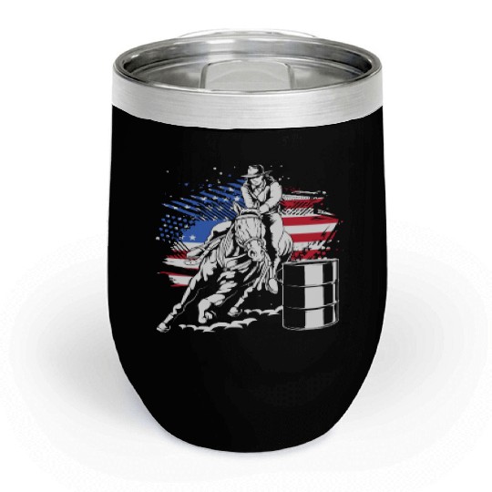 Retro American Flag Cowgirl Horse Barrel Racing Chill Wine Tumblers