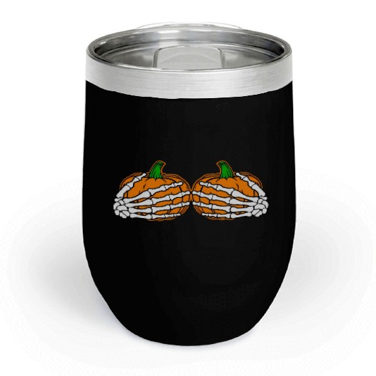 Halloween Skeleton Hands On Chest Pumpkin Boobs Chill Wine Tumblers