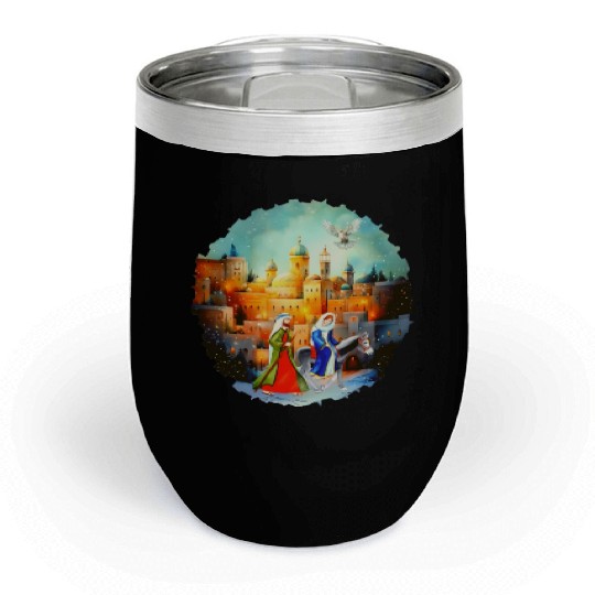 Mary and Joseph in Bethlehem with donkey Chill Wine Tumblers