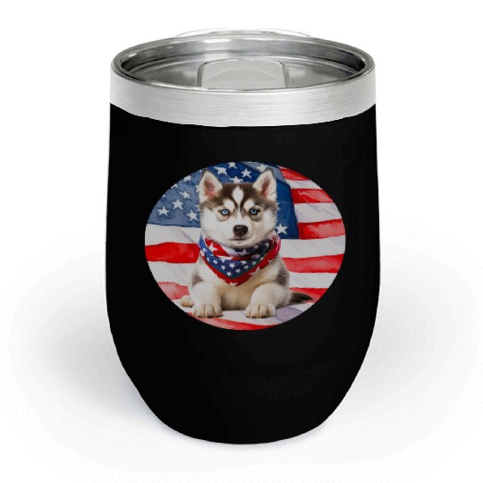 beautiful Siberian Husky with American Flag Chill Wine Tumblers