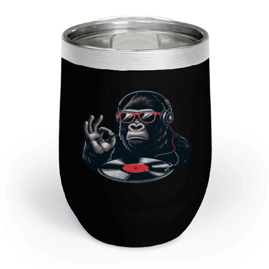 DJ Gorilla hard beats with Record player and Vinyl Chill Wine Tumblers
