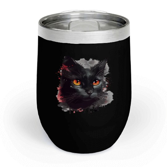 Black Cat Japanese Watercolor Mystery Gaze Chill Wine Tumblers