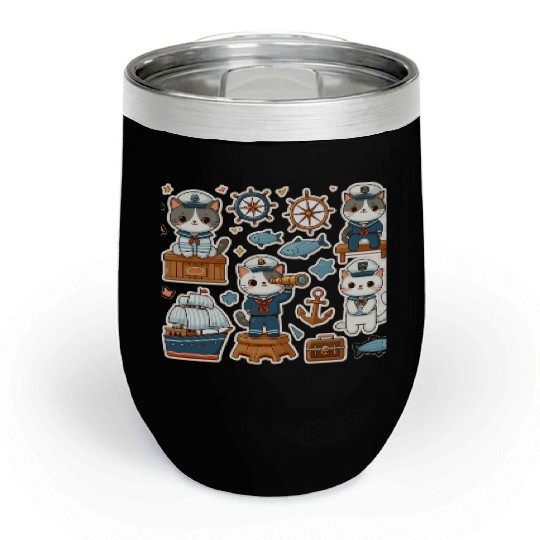 Sailor Whiskers: Little Sailor Kitties Sticker Chill Wine Tumblers