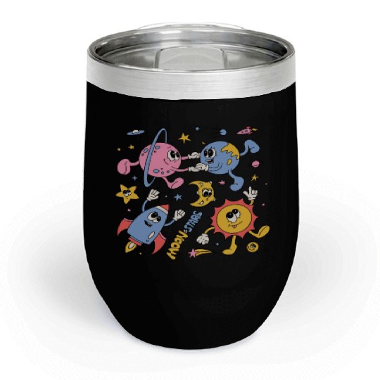 Solar System Planets Moon Sun Saturn Cute Groovy Chill Wine Tumblers