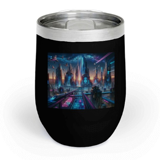 Future Metropolis Neon Cityscape at Night Chill Wine Tumblers