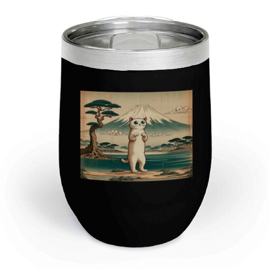 Mt. Fuji Kitten Papyrus Scroll Retro Japanese Art Chill Wine Tumblers