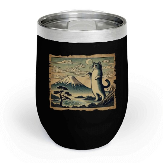 Mt. Fuji Kitten Papyrus Scroll Retro Japanese Art Chill Wine Tumblers