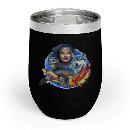 Wildlife Tribal Wolf Owl Turtle Woman for a Chill Wine Tumblers