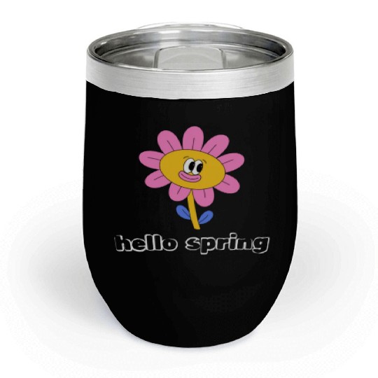 Funny retro hello spring day groovy flowers cute Chill Wine Tumblers