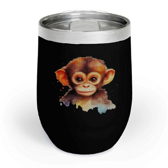 Baby Monkey Watercolor Portrait Chimp Ape Graphic Chill Wine Tumblers