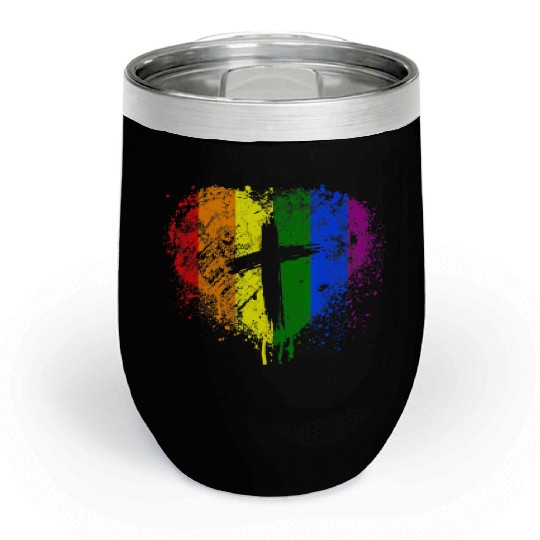 Rainbow Heart with Cross Gay Pride LGBT Christian Chill Wine Tumblers