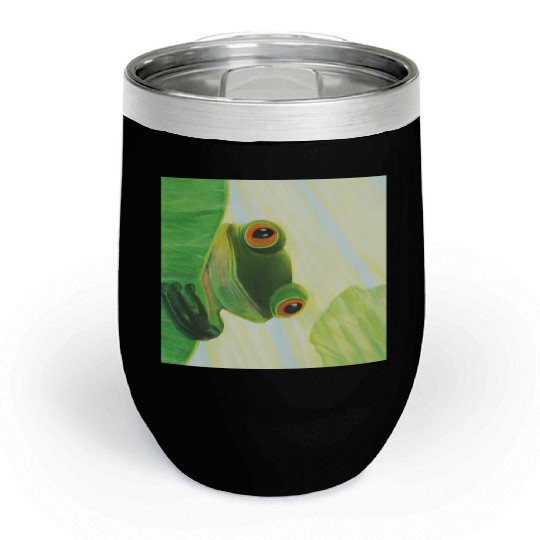Cute Green Frog Peeping out From Behind Lily Pad Chill Wine Tumblers
