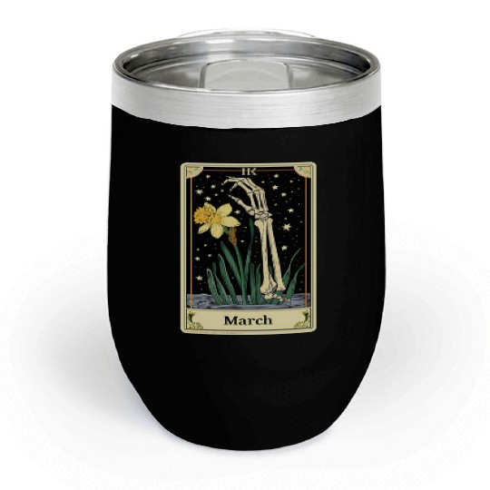 March Gothic Tarot Card - Daffodil Flower & Skelet Chill Wine Tumblers