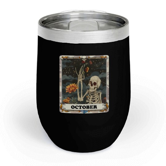 October Gothic Tarot Card - Marigold Flower & Skel Chill Wine Tumblers