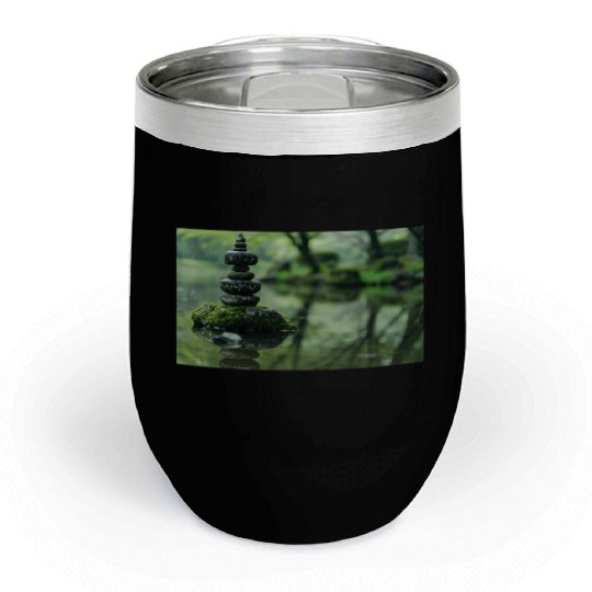 Zen Stone Stack Reflected in Tranquil Pond Chill Wine Tumblers