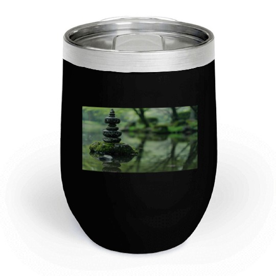 Zen Stone Stack Reflected in Tranquil Pond Chill Wine Tumblers