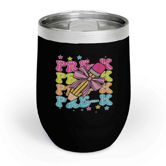 Pre K Teacher Pencil Coquette Bow Back To School K Chill Wine Tumblers
