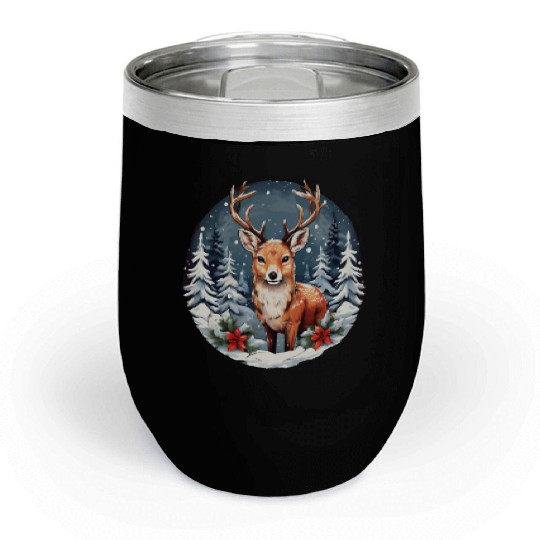 Christmas Deer with Poinsettia and Snow Chill Wine Tumblers