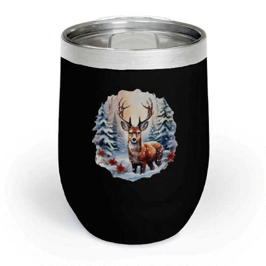 Christmas Deer with Poinsettia and Snow Chill Wine Tumblers