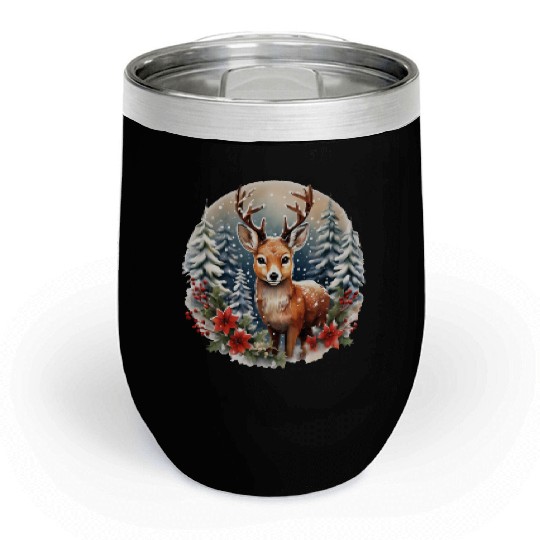 Christmas Deer with Poinsettia and Snow Chill Wine Tumblers