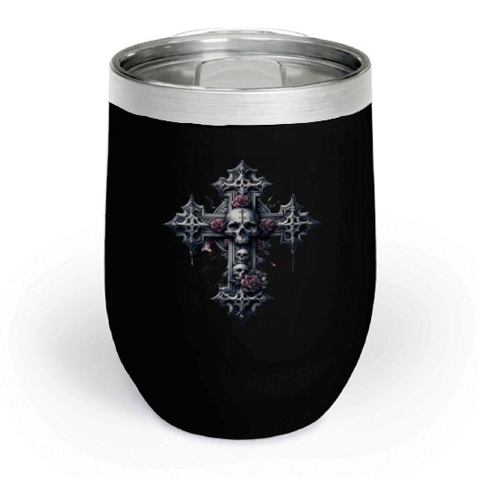 Gothic Cross Collection - Skulls and Red Roses Chill Wine Tumblers