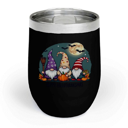 Happy Hallothanksmas Gnomes Celebration with Bats Chill Wine Tumblers