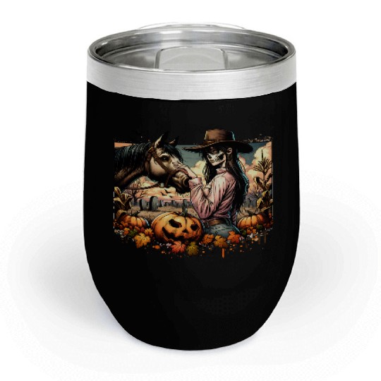 Haunting Cowgirl and Horse in Halloween Graveyard Chill Wine Tumblers