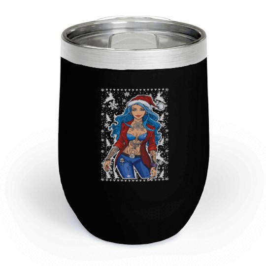 03 Sexy Christmas Woman Blue Hear Deer Tattoos Chill Wine Tumblers