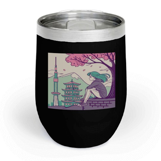 "Peaceful Anime Vibes: Girl Relaxing with Sakura Chill Wine Tumblers
