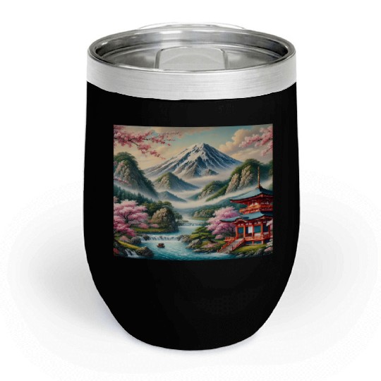 Serene Mount Fuji Landscape Art Print - Japanese C Chill Wine Tumblers