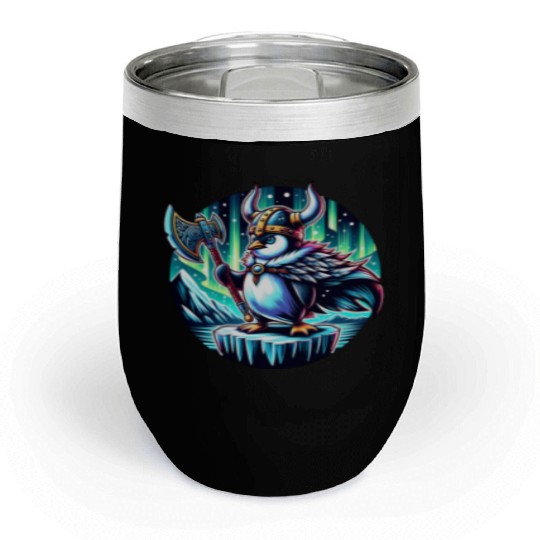 Viking Penguin with Axe Under Northern Lights Chill Wine Tumblers