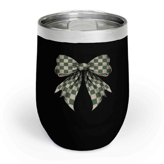 Coquette Bow Green Cream Classic Checkered Pattern Chill Wine Tumblers