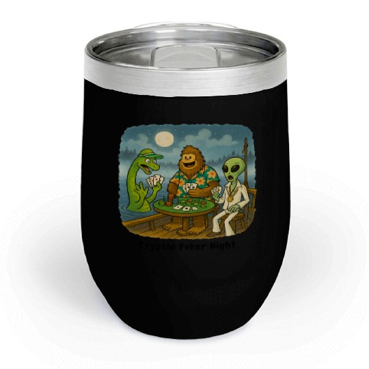 Bigfoot, Nessie and an Alien Play Poker - Cryptid Chill Wine Tumblers