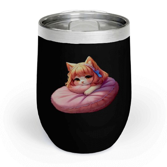 Neko Snoozing Under Sakura Chill Wine Tumblers