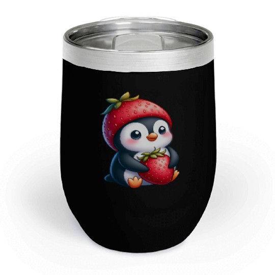 Cute penguin with strawberry cartoon summer fun Chill Wine Tumblers