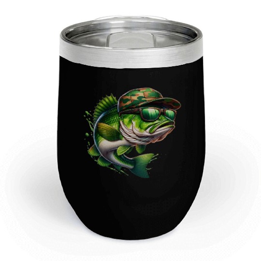 Camo Hat Bass Fish with Green Sunglasses Chill Wine Tumblers