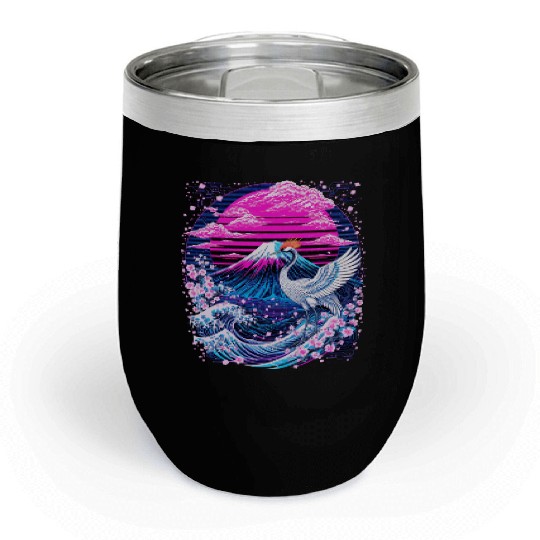 Neon Sakura Crane & Mount Fuji Scene Chill Wine Tumblers
