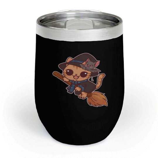 Enchanted Cat Witch with Bat Familiar Chill Wine Tumblers