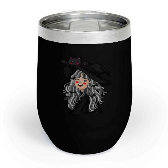 Whimsical Witch with Bat Familiar Chill Wine Tumblers