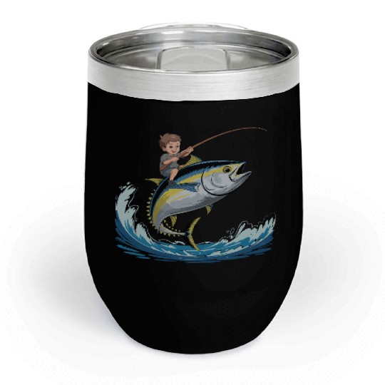 Joyful young boy rides massive jumping tuna Chill Wine Tumblers