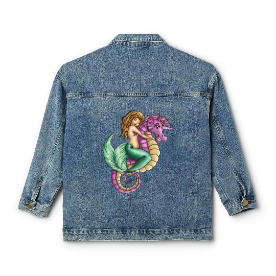 Little mermaid and cute seahorse lovely friendship Classic Women's Denim Jackets