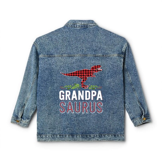 Grandpa Saurus T Rex Red Plaid Matching Family Classic Women's Denim Jackets