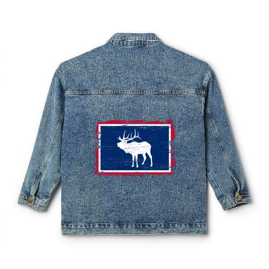 Wyoming Flag Elk Hunting Season For Deer Hunter Classic Women's Denim Jackets