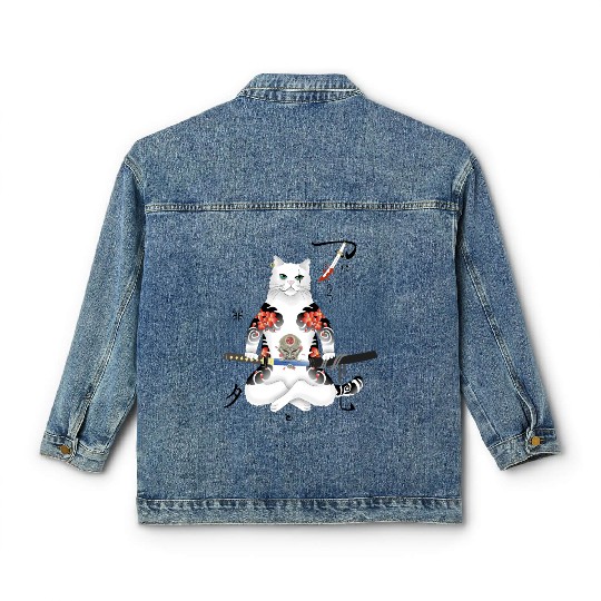 Japanese Samurai Cat Katana Ninja Yakuza Tattoo Classic Women's Denim Jackets