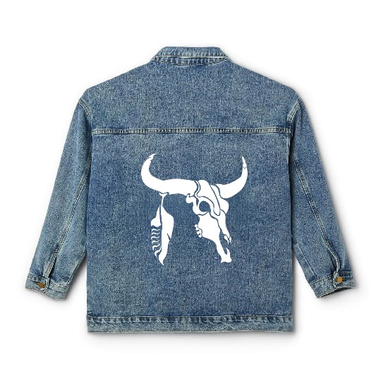 Tribal White Longhorn Bull Skull w White Feather Classic Women's Denim Jackets