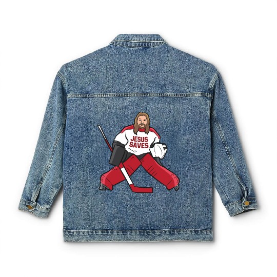 Funny Hockey Jesus Saves Hockey Goalie Classic Women's Denim Jackets