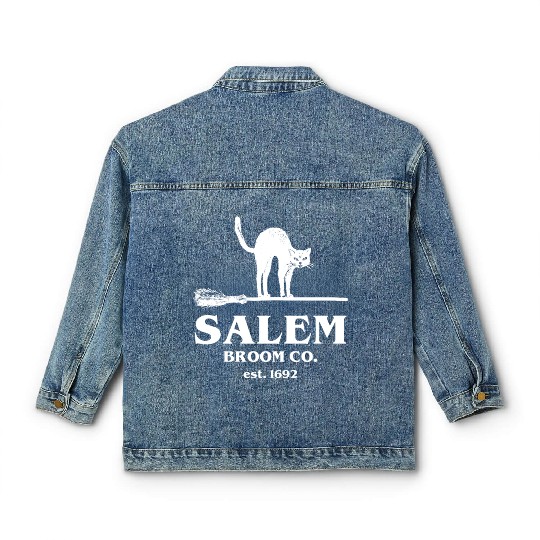 Salem Broom Co Company Halloween Black Cat Witch A Classic Women's Denim Jackets