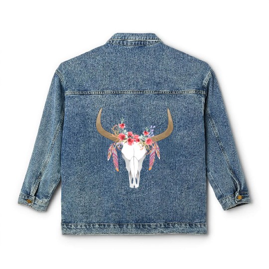 Floral Cow Skull With Feathers Bull Skull Classic Women's Denim Jackets