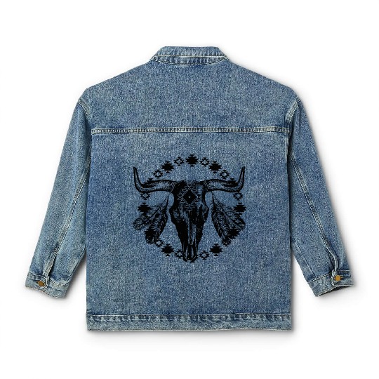 Vintage Cow Bull Skull Boho Southwestern Aztec Fea Classic Women's Denim Jackets