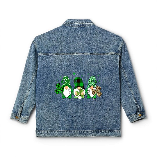 Three Gnomes Holding Shamrock Leopard Plaid Classic Women's Denim Jackets